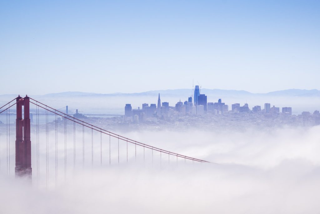 The skyline of San Francisco and the Golden Gate Bridge where fluorofentanyl is on the rise