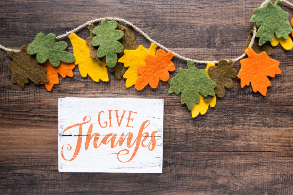 the words "give thanks" among flowers on a string to show the importance of a sober Thanksgiving