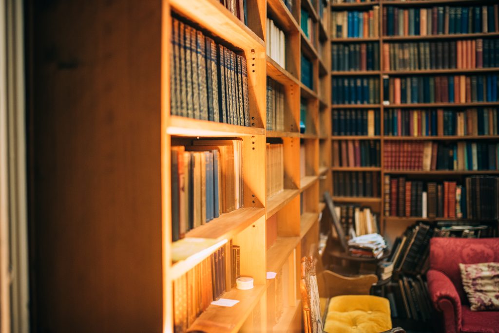 an old library with books for recovering addicts on the shelves, and a couch and chairs underneath